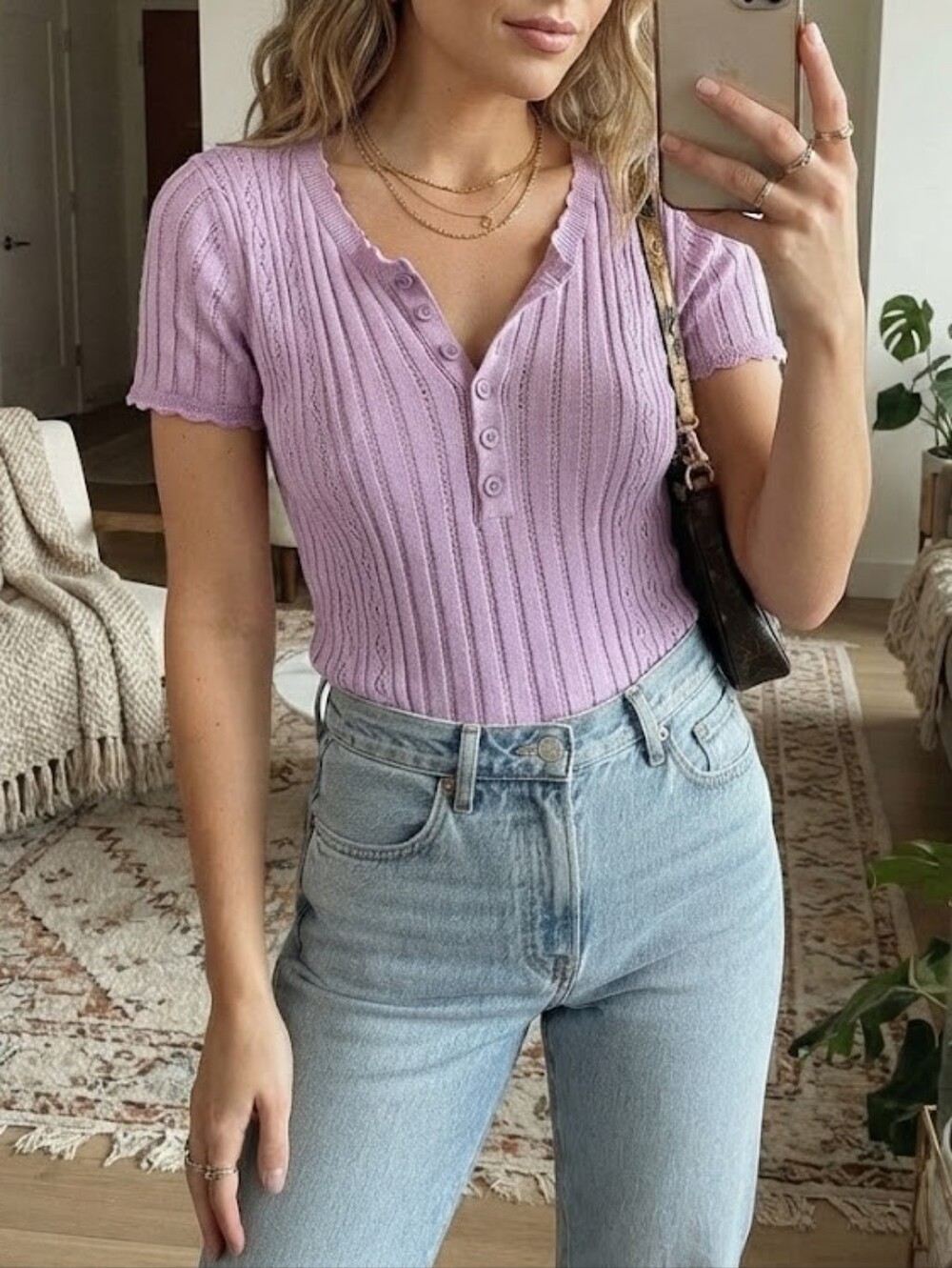 American Eagle Knit Pointelle Henley Size Small